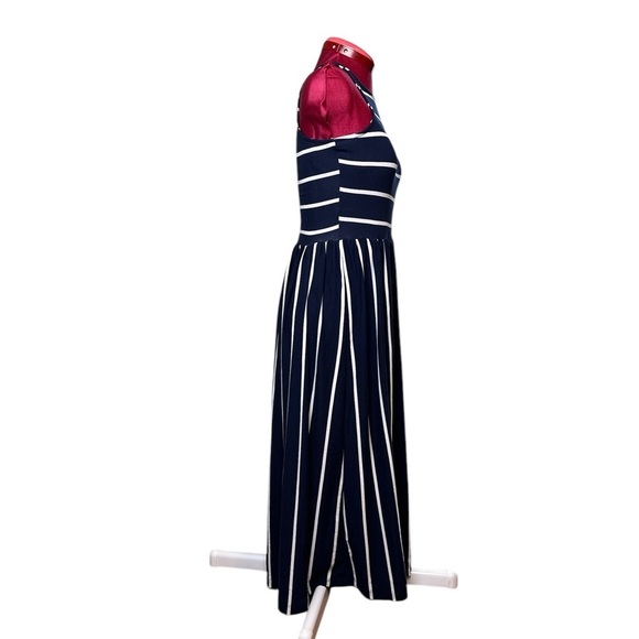 Classic navy white striped sleeveless knit pullover maxi dress gathered skirt - Picture 2 of 5